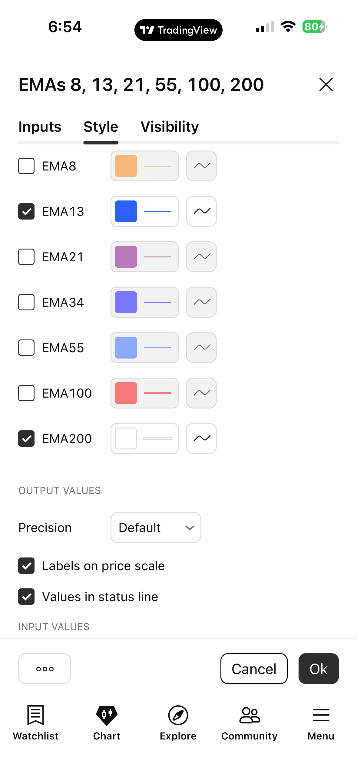 CRC TradingView EMA indicator settings screenshot, reference one